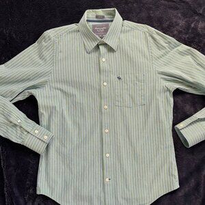 Abercrombie & Fitch Muscle‎ Long Sleeve Button Down Shirt Green w/Blue Stripes L